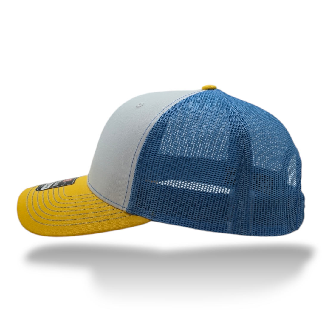 Tri-Color: White, Yellow, Colombia Blue Mesh Richardson 112