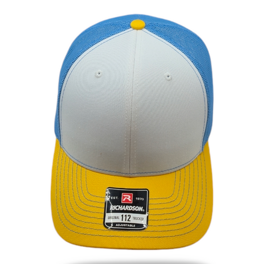 Tri-Color: White, Yellow, Colombia Blue Mesh Richardson 112